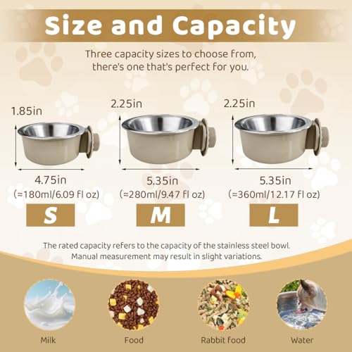 2Pcs Pets Lightweight Stainless Steel Bowl,Removable Stainless Steel Pet Hanging Food Water Feeder Bowl for Puppy Dog Cat Rabbit Ferret Bird Gunea Pigs (Gray-Large) - size: Gray-Large