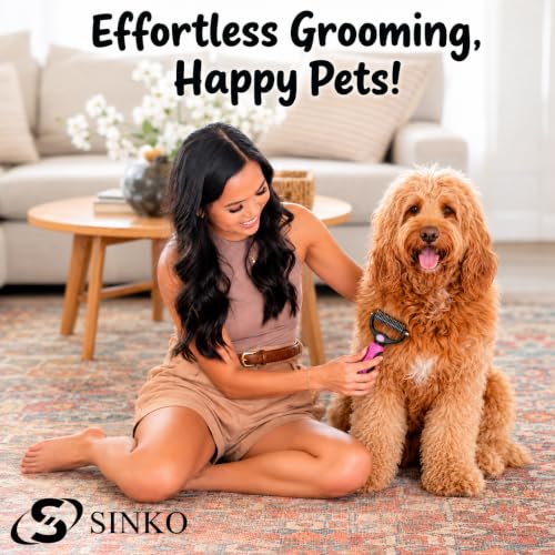 Sinko Shedding Brush For Dog and Cat, Undercoat Rake with Extra Wide Double-Sided Stainless Teeth for Detangling, Deshedding, Brushing & Removing Shed Fur, Knots, Mats, and Tangles in Pets (Pink) - color: Pink