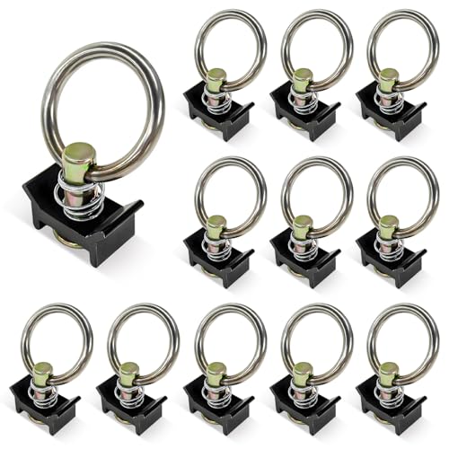 12 PCS L Track Single Stud Fitting, 4000LBS Aluminum Keeper Cargo Control with Stainless Steel Round Ring, 360 Degree L-Track Tie Down O-Ring for Truck Trailer Sedan
