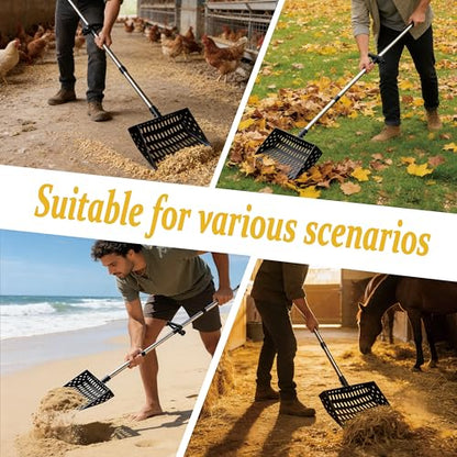 XCL Chicken Poop Scooper, Chicken Coop Scoop & Rake 2-in-1, Chicken Coop Rake with Ergonomic Grip, Sifting Shovel for Poop and Bedding Shavings, for Livestock Farming Such as Chicken Duck (Black) - color: Black