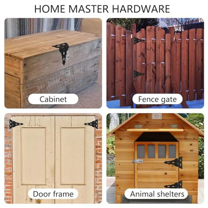 HOME MASTER HARDWARE 8" Heavy Duty Gate Hinges, 4 Pack T Strap Hinges | Outdoor Hinges for Wood Fence, Barn and Shed Door, Rotate 270 Degrees, Included Screws, 50LBS Capacity, Steel, Black Finish