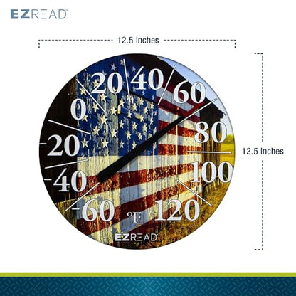 EZREAD Hanging Dial Thermometer 840-1232 Weather Thermometers for Indoor and Outdoor Use, Large 12.5 Inch Diameter, Easy to Read Numbers, American Flag on Barn - color: USA Barn