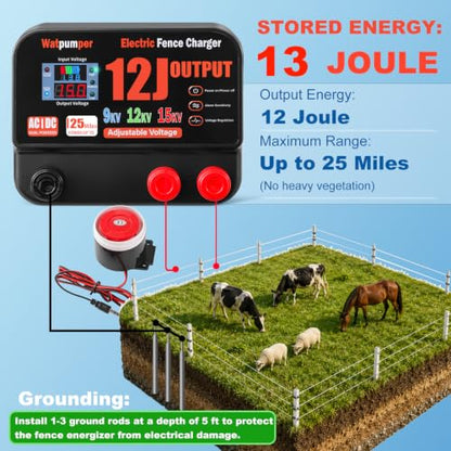 13 Joule Electric Fence Charger, Adjustable 9KV/12KV/15KV Output Voltage