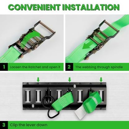 E Track Tie-Down Rail Kit, Trailer Tie Downs, 31 Pcs Set Etrack kit | 4 Rails, 4 Rope Tie Offs, 4 O Ring Anchors, 2 10ft Straps, Securing Accessories for Garages, Vans, Trailers, Cargo (Green) - color: Green