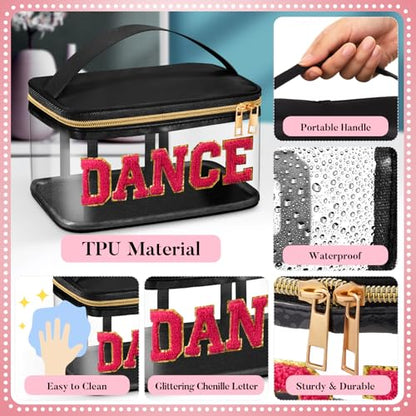 Geetery Medicine Pill Bag Clear Cosmetic Makeup Bag with Zipper Black | Transparent PVC with Nylon Trim, Chenille Dance Patch, Portable Travel Organizer for Pills Cosmetics, Gold Zipper - color: Black, style: Dance