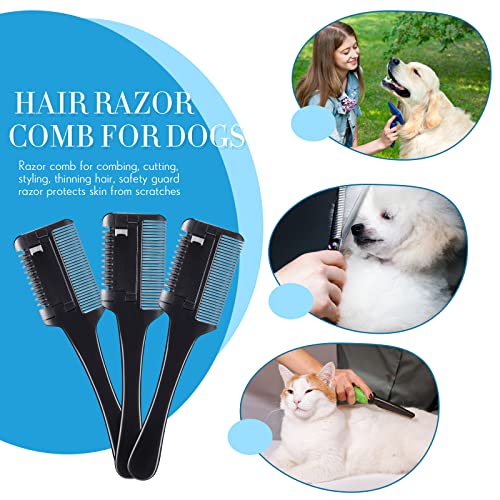 3 Pcs Pet Grooming Razor Comb with 50 Replacement Blades - Double Sided Hair Trimmer, Cutter and Scissors Tool for Dogs and Cats(Black) - color: Black