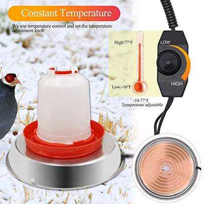 Chicken Waterer Heater,14 Inch Poultry Water Heated Base for Winter | 5 Gallon Freeze Proof Heated Chicken Waterer with Anti-bite Cable for Poultry Fountains Water Bowl Plastic Metal Waterer