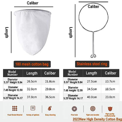 Ultra Fine Mesh Strainer Bags, Reusable 180 Mesh Steel Handle Frame for Filter NutMilk, Coffee, Milk, Butter, Juices and Fresh Cheese 【Ultra Dense-Diameter 7.48 Height 12.59】