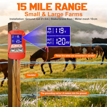 12KV Electric Fence Charger, 15 Miles 3 Joules Electric Fence Kit - color: Red