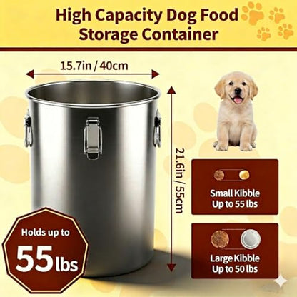 304 Stainless Steel Dog Food Storage Container, 50LB/55LB Airtight Pet Food Container with Locking Lid & Silicone Seal, Large Metal Food Storage Bin for Dry Dog/Cat Food, Rice, Flour (50 LBS) - size: 50 LBS