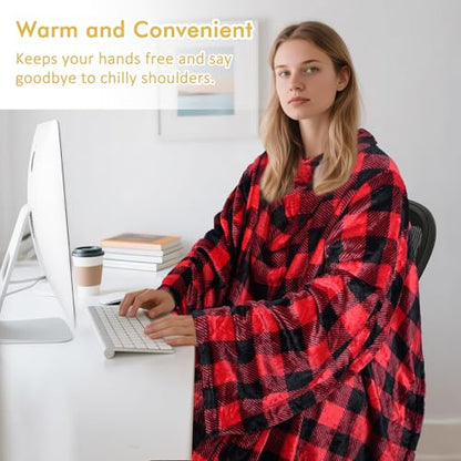 Catalonia Wearable Blanket with Sleeves & Foot Pocket for Adults - color: Red Checker, size: Fleece