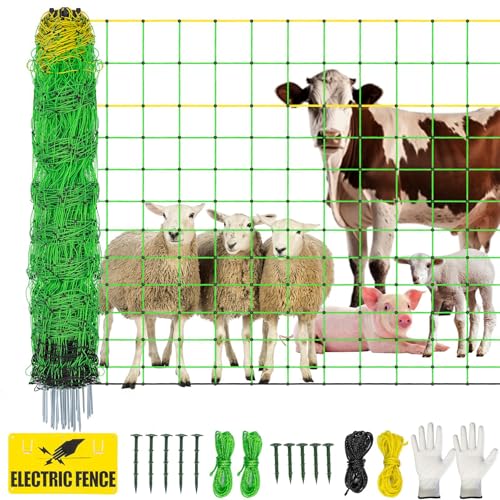 Electric Fence Netting,Livestock Neting,49.6" x 164' Portable Electric Net Fence for Goats,Sheep, Lambs,Hogs in Backyards,Farms,Ranches,Homesteads and Gardens,(14 Posts, 2 Spikes,Green) - size: 49.6" x 164'