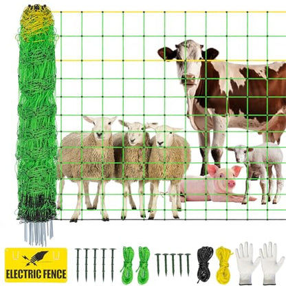 Electric Fence Netting,Livestock Neting,49.6" x 164' Portable Electric Net Fence for Goats,Sheep, Lambs,Hogs in Backyards,Farms,Ranches,Homesteads and Gardens,(14 Posts, 2 Spikes,Green) - size: 49.6" x 164'