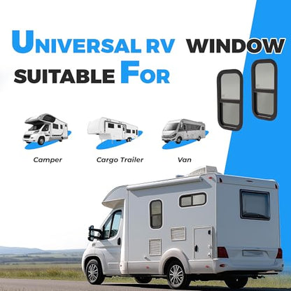 HECASA 12" W x 24" H Universal RV Window Vertical Slide Teardrop Window W/ | Trim Ring and Net Screen Tempered Glass Aluminium Plastic Rubber (2PCS) - size: 12" W x 25" H