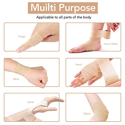 RISEN Cohesive Bandage 2” x 5 Yards, 6 Rolls, Self Adherent Wrap Medical Tape, Adhesive Flexible Breathable First Aid Gauze Ideal for Stretch Athletic (Pack of 2) - color: Tan, size: 6 Count (Pack of 2)