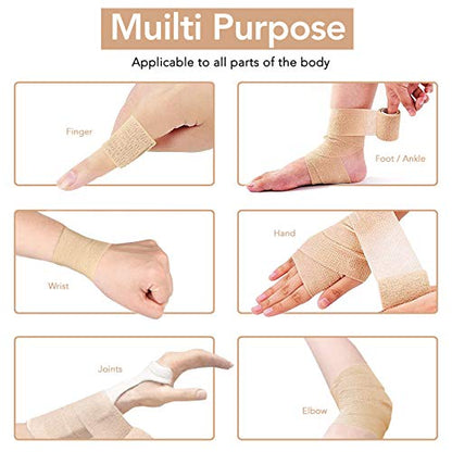 RISEN Cohesive Bandage 2” x 5 Yards, 6 Rolls, Self Adherent Wrap Medical Tape, Adhesive Flexible Breathable First Aid Gauze Ideal for Stretch Athletic (Pack of 2) - color: Tan, size: 6 Count (Pack of 2)