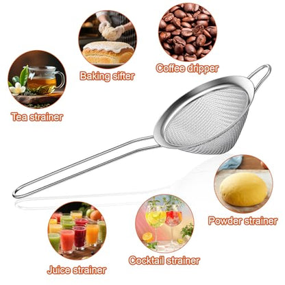 3 PCS Small Strainer, Stainless Steel Small Fine Mesh Strainer with Handle Sieve Sifter Tool for Kitchen Bar Food Loose Leaf Cocktail Juicing, Silver