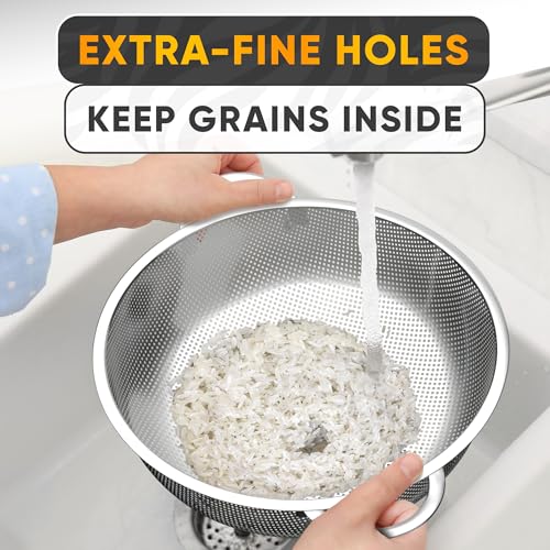 Stainless Steel Strainer for Rice With Handles, Fine Holes, 5 Qt