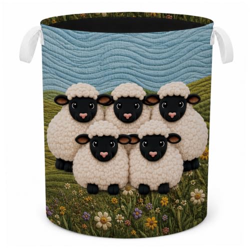 Wildflower Floral Sheep Laundry Basket, Farmhouse Farm Animal Lamb Laundry Hamper Waterproof Collapsible Clothes Storage Bin Organizer for Baby Room Bedroom Bathroom Farmhouse