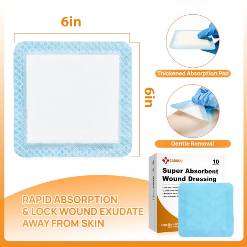 Carbou Super Absorbent Wound Dressing 6" x 6", 10 Pack, Non-Adhesive Pads - size: 6"x 6"(Pack of 10)