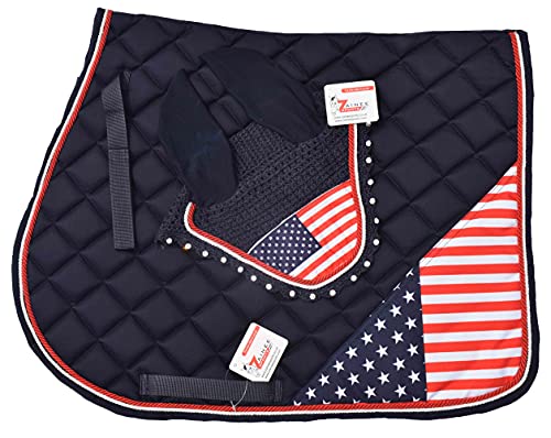USA Flag Horse Saddle Pad Set with Matching Fly Bonnet – All Purpose English Saddle Pad, Patriotic Horse Gear, 4th of July Equestrian Outfit, Jumping & Training Tack - size: Horse/Full