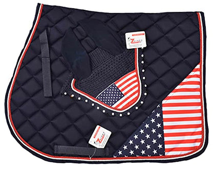 USA Flag Horse Saddle Pad Set with Matching Fly Bonnet – All Purpose English Saddle Pad, Patriotic Horse Gear, 4th of July Equestrian Outfit, Jumping & Training Tack - size: COB