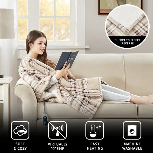 Beautyrest Wearable Electric Poncho Wrap Blanket, Ultra Soft Sherpa & Berber Fleece Heated Throw, UL Certified & OEKO-TEX, 3 Heat Settings & 2 Hour Auto Shutoff, Gift-Ready, 50" x 64", Tan Plaid - color: Tan Plaid, size: 50 in x 64 in