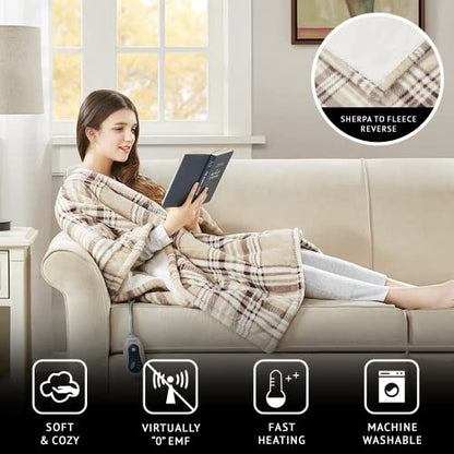 Beautyrest Wearable Electric Poncho Wrap Blanket, Ultra Soft Sherpa & Berber Fleece Heated Throw, UL Certified & OEKO-TEX, 3 Heat Settings & 2 Hour Auto Shutoff, Gift-Ready, 50" x 64", Tan Plaid - color: Tan Plaid, size: 50 in x 64 in