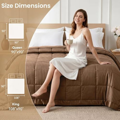 downluxe Queen Size Blanket with Satin Trim, Lightweight Down Alternative Blankets Queen Size for All Season, Machine Washable (Brown, 90x90 Inch) - color: Brown, size: Queen