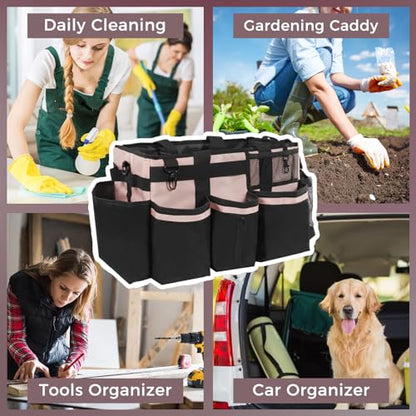 SCAVATA Wearable Cleaning Caddy, Cleaning Caddy Supplies Organizer with Handle & Shoulder Straps for Housekeepers, Under Sink & Car Cleaning Tool Organizers Bag with 4 Foldable Divider (Pink) - color: Pink