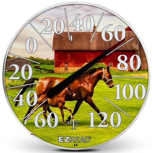 EZREAD Hanging Dial Thermometer - Weather Thermometers for Indoor and Outdoor Use, Large 12.5 Inch Diameter, Easy-to-Read Numbers, Horse and Foal - color: Horse and Foal