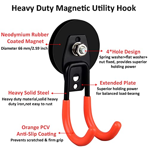 ULIBERMAGNET Garage Strong Magnetic Hooks, 4 Pack Heavy Duty Large J Hooks with Magnet, Anti-Slip Coating Magnet Hooks for Garden Tools, Ropes,Drill,Magnetic Double Hooks for Metal Cabinet,Pegboard - style: 2.59" Strong Medium J Orange 4PC