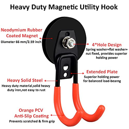 ULIBERMAGNET Garage Strong Magnetic Hooks, 4 Pack Heavy Duty Large J Hooks with Magnet, Anti-Slip Coating Magnet Hooks for Garden Tools, Ropes,Drill,Magnetic Double Hooks for Metal Cabinet,Pegboard - style: 2.59" Strong Medium J Orange 4PC