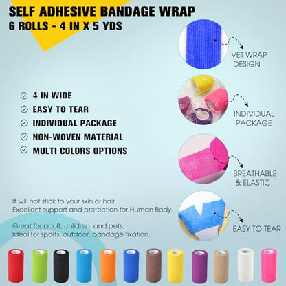 6 Pack Self Adhesive Bandage Wrap, 4 in x 5 Yards Vet Wrap Tape, White