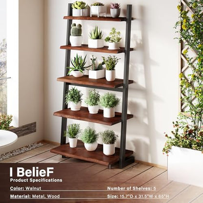 IBF 5-Tier Solid Wood Ladder Bookshelf with Natural Live Edge - size: 5-Tier