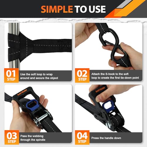 A ANTELOPE 4 Pack 1" x 15' Ratchet Tie Down Straps with S Hooks, Black - color: Black, size: 4PK-1 in