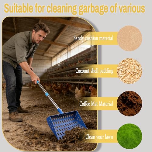 XCL Chicken Poop Scooper & Rake 2-in-1, Large 20 inch Metal Chicken Poop Scooper Head, with Adjustable Handle(39-67inch), Sifting Shovel for Sand and Bedding, Chicken Coops Cleaning Tools (Blue) - color: Blue