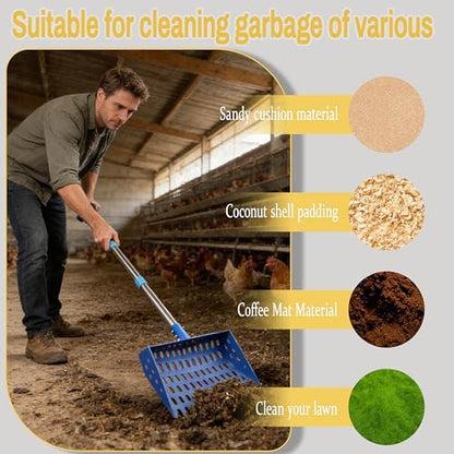 XCL Chicken Poop Scooper & Rake 2-in-1, Large 20 inch Metal Chicken Poop Scooper Head, with Adjustable Handle(39-67inch), Sifting Shovel for Sand and Bedding, Chicken Coops Cleaning Tools (Blue) - color: Blue