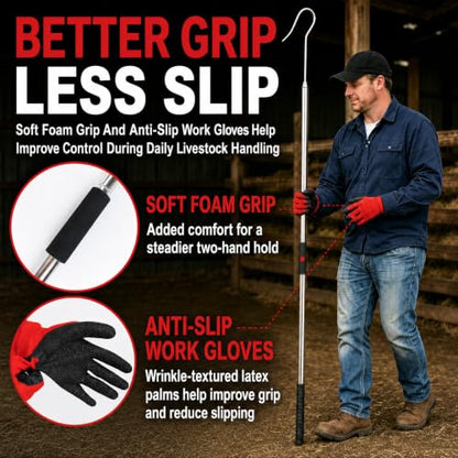 304 Stainless Steel Goat Sheep Catcher Hook, 44-75 Inch, Foam Grip & Gloves