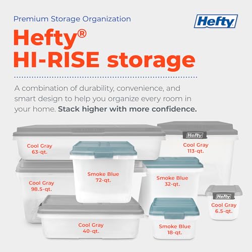 Hefty 32 Qt Hi-Rise Storage Bin with Lid, Stackable Plastic Storage Container, Organizer for Home, Garage & Closet, 6 Pack, Gray - size: 32 QT - 6 Pack