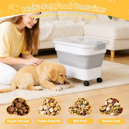 Dog Food Storage Container 25-30lbs, Airtight Pet Food Bin with Transparent Lid, Collapsible Design with Rolling Wheels & Scoop, Space-Saving, Light Gray - color: Light Gray-M