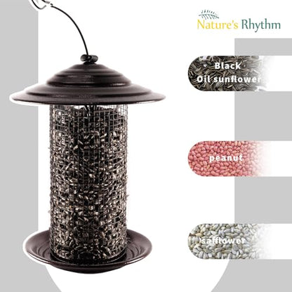 Outdoor Metal Mesh Bird Feeder, Cylindrical Metal Mesh Feeder with Dome Lid Feeder, Holds 2.5lb of Seed, Suitable for Multiple Seeds, Suitable for Multiple Birds