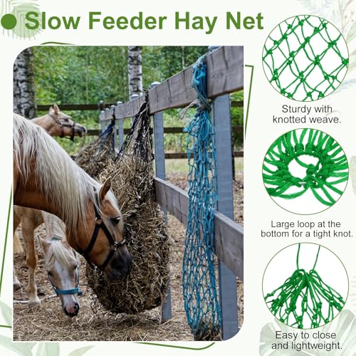 Slow Feeder Hay Net, 40" Length 2" Holes Strong Load-Bearing, Nylon Slow Feed Bag Hay Feeder, (Green, 2 Pcs), Intended for Horses/Goats/Trailer/Stall - color: Green