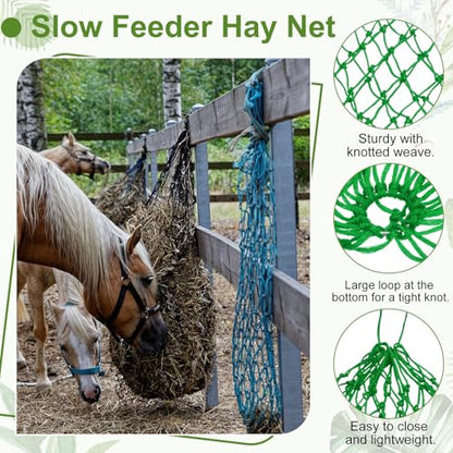 Slow Feeder Hay Net, 40" Length 2" Holes Strong Load-Bearing, Nylon Slow Feed Bag Hay Feeder, (Green, 2 Pcs), Intended for Horses/Goats/Trailer/Stall - color: Green