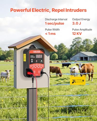 VEVOR Electric Fence Charger, 10kV 3J, AC DC Electric Fence Energizer with LED Indicator, 1.86 Miles Range, Powerful Plug-in Fences Charger, Prevents Wild Animals Intrusion for Livestock Poultry - size: 3J
