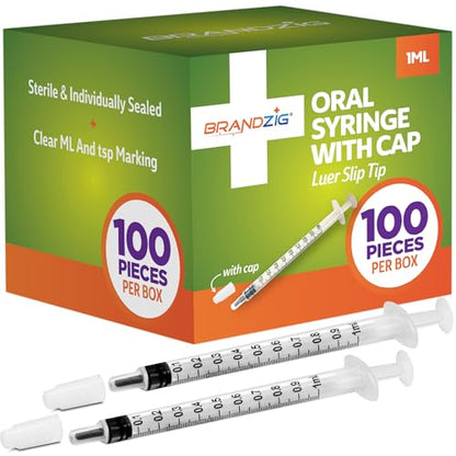 1ml Syringe with Cap (100 Pack) | Oral Dispenser Without Needle, Luer Slip Tip, | Sterile Individually Wrapped Medicine Dropper for Infants, Pets and Colostrum Collector