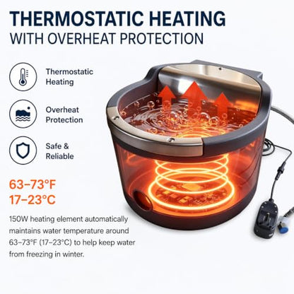 Automatic Heated Water Bucket for Horse, 4 Gallon 150W Thermostatic Livestock Waterer with Float Control, Drain Hole, Anti-Chew Metal Rim & GFCI Safety Plug for Horses, Cattle, Goat