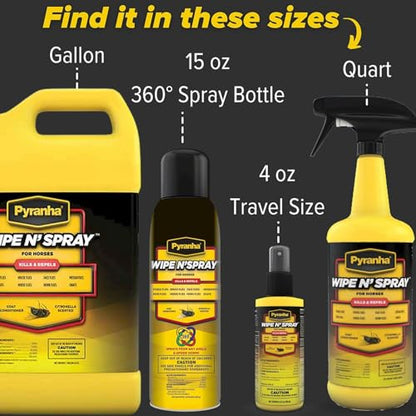 PYRANHA Wipe N' Spray for Horses - Oil-Based Long Lasting Fly Control Repels Horn, Deer, Horse, House, Stable, & Face Flies, Ticks, Mites, Mosquitoes, Gnats & Lice, 1 Quart - size: 1 Quart