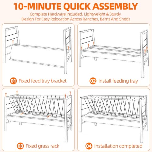 Livestock Hay Feeder, 2‑in‑1 Hay and Grain Feeder, 30 Gallon Heavy‑Duty Steel Feeding Trough, 59 Inch Long Deep Pan Livestock Feed Holder for Goats, Sheep, Horses, Farm Pastures & Barns