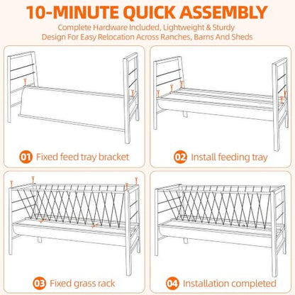 Livestock Hay Feeder, 2‑in‑1 Hay and Grain Feeder, 30 Gallon Heavy‑Duty Steel Feeding Trough, 59 Inch Long Deep Pan Livestock Feed Holder for Goats, Sheep, Horses, Farm Pastures & Barns